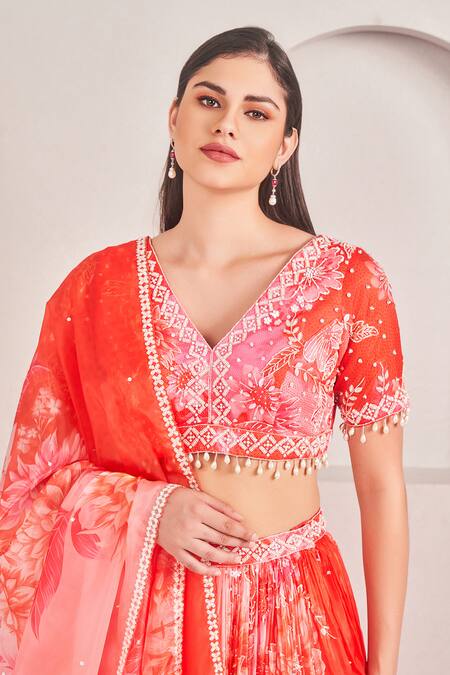 Shop_Sammohi By Moksha And Hiral_Coral , Silk Pearls, Embroidery V-neck Print Lehenga Set _Online_at_Aza_Fashions