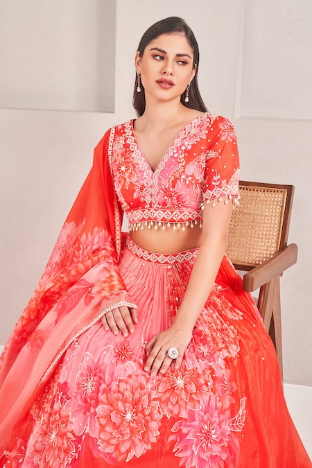 Sammohi By Moksha And Hiral_Coral , Silk Pearls, Embroidery V-neck Print Lehenga Set _at_Aza_Fashions