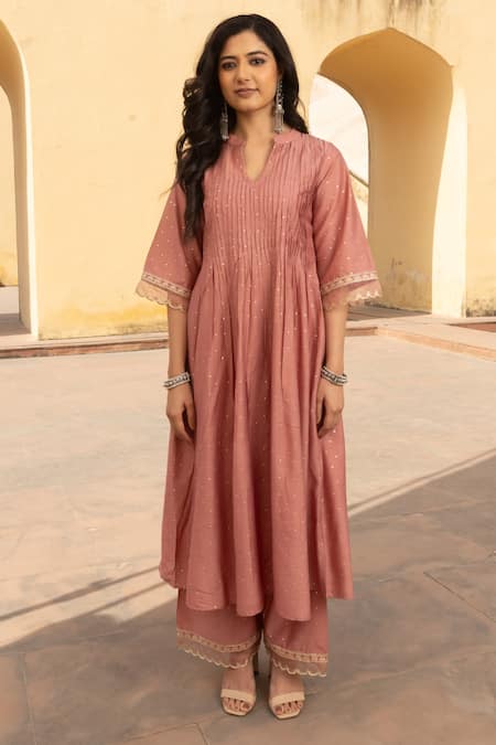 Buy_ASRUMO_Pink Organza, Chanderi Embroidery, Mirrors Pintucked Yoke Mukaish Kurta Set _Online_at_Aza_Fashions