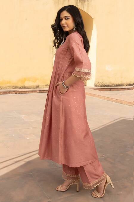 Shop_ASRUMO_Pink Organza, Chanderi Embroidery, Mirrors Pintucked Yoke Mukaish Kurta Set _Online_at_Aza_Fashions