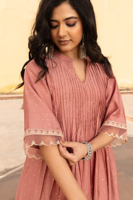 ASRUMO_Pink Organza, Chanderi Embroidery, Mirrors Pintucked Yoke Mukaish Kurta Set _at_Aza_Fashions