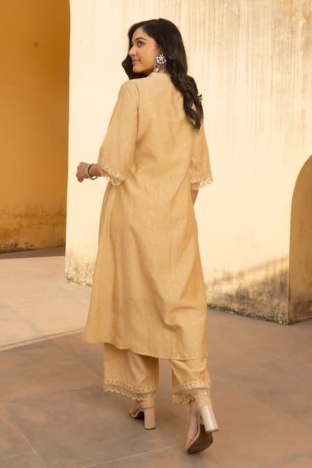 Shop ASRUMO Yellow Organza, Chanderi Mirrors, Pintucked Yoke Mukaish Work Kurta Set at Aza Fashions Shop_ASRUMO_Yellow Organza, Chanderi Mirrors, Pintucked Yoke Mukaish Work Kurta Set _at_Aza_Fashions