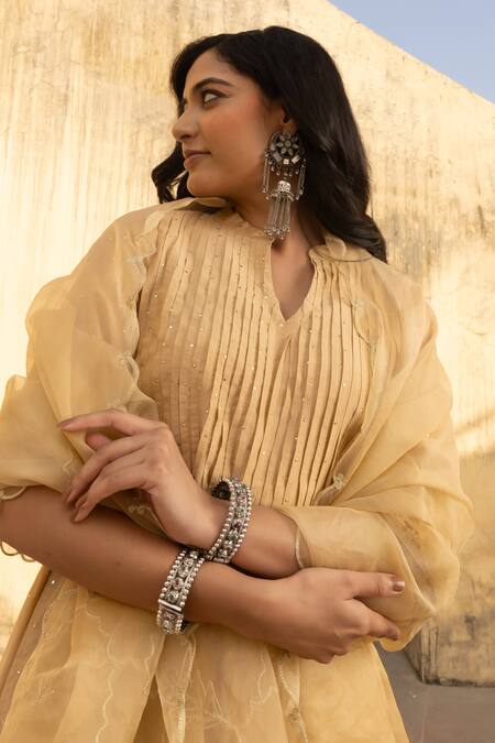 ASRUMO Yellow Organza, Chanderi Mirrors, Pintucked Yoke Mukaish Work Kurta Set Online at Aza Fashions ASRUMO_Yellow Organza, Chanderi Mirrors, Pintucked Yoke Mukaish Work Kurta Set _Online_at_Aza_Fashions