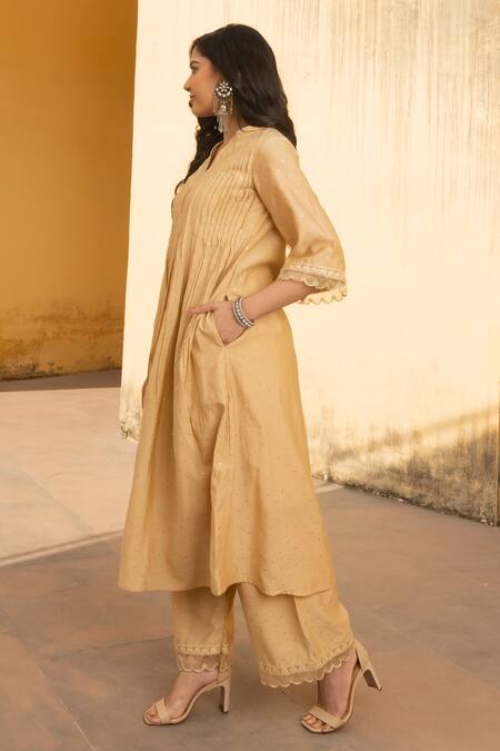 Shop ASRUMO Yellow Organza, Chanderi Mirrors, Pintucked Yoke Mukaish Work Kurta Set Online at Aza Fashions Shop_ASRUMO_Yellow Organza, Chanderi Mirrors, Pintucked Yoke Mukaish Work Kurta Set _Online_at_Aza_Fashions