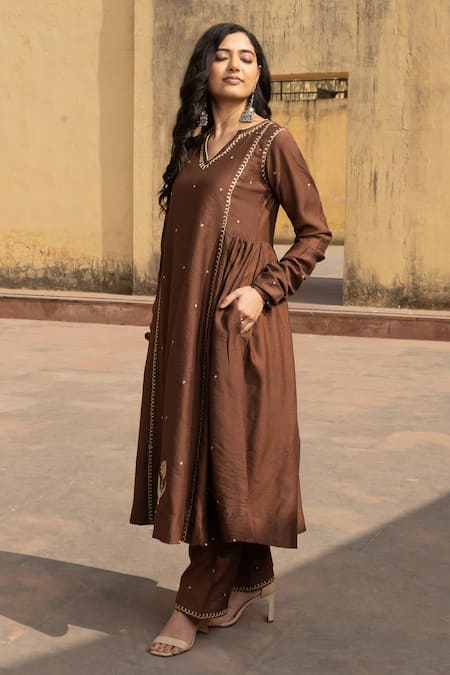 ASRUMO_Brown Chanderi Embroidery Split V-neck Wildblossom Anarkali Set _Online_at_Aza_Fashions