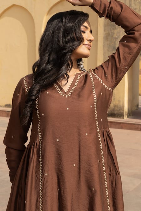 Shop_ASRUMO_Brown Chanderi Embroidery Split V-neck Wildblossom Anarkali Set _Online_at_Aza_Fashions