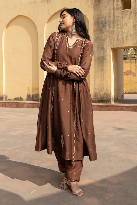 ASRUMO_Brown Chanderi Embroidery Split V-neck Wildblossom Anarkali Set _at_Aza_Fashions
