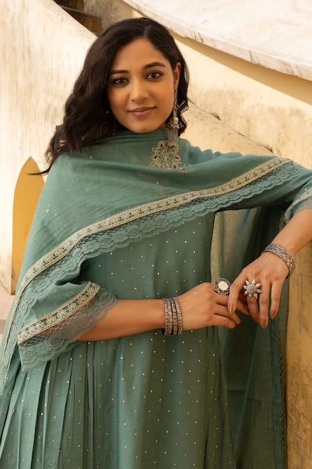 ASRUMO_Green Chanderi Lace, Mirrors Split V-neck Mukaish Embroidered Anarkali Pant Set _Online_at_Aza_Fashions