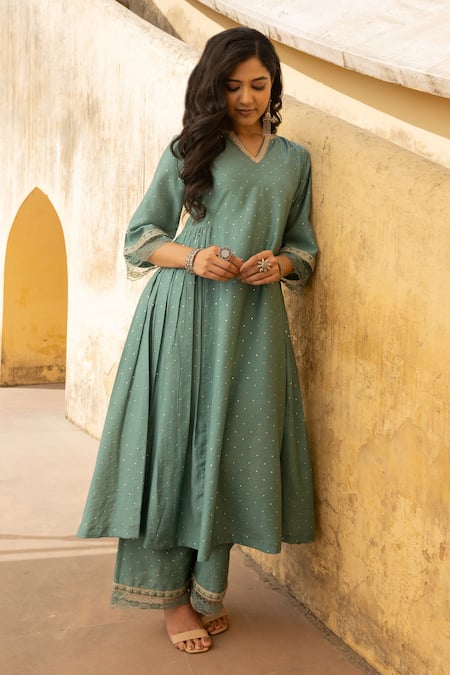 Buy_ASRUMO_Green Chanderi Lace, Mirrors Split V-neck Mukaish Embroidered Anarkali Pant Set _Online_at_Aza_Fashions