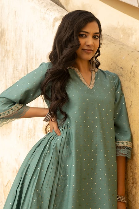 Shop_ASRUMO_Green Chanderi Lace, Mirrors Split V-neck Mukaish Embroidered Anarkali Pant Set _Online_at_Aza_Fashions