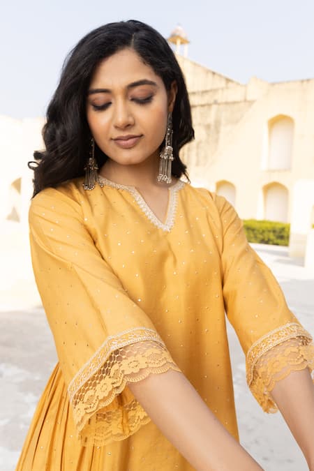 ASRUMO_Yellow Chanderi Lace, Mirrors Split V-neck Mukaish Embroidered Anarkali Set _at_Aza_Fashions