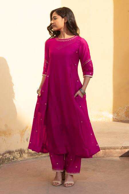 Buy ASRUMO Fuchsia Chanderi, Muslin Embroidery Round Neck Ditsy Flora Anarkali Set Online at Aza Fashions Buy_ASRUMO_Fuchsia Chanderi, Muslin Embroidery Round Neck Ditsy Flora Anarkali Set _Online_at_Aza_Fashions
