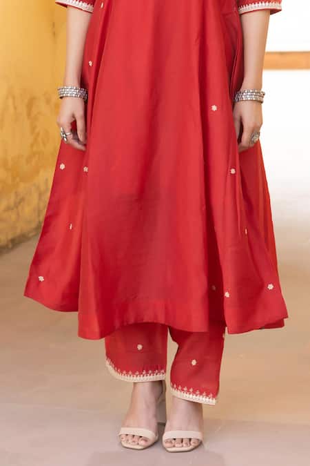 Shop_ASRUMO_Red Chanderi, Muslin Embroidery Round Neck Ditsy Bloom Anarkali Set _Online_at_Aza_Fashions