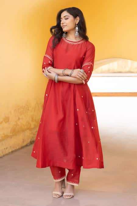 ASRUMO_Red Chanderi, Muslin Embroidery Round Neck Ditsy Bloom Anarkali Set _at_Aza_Fashions