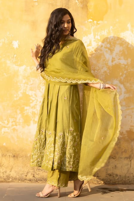 ASRUMO_Green Organza, Chanderi Embroidery, Zari Round Neck Gul Jaal Anarkali Pant Set _Online_at_Aza_Fashions