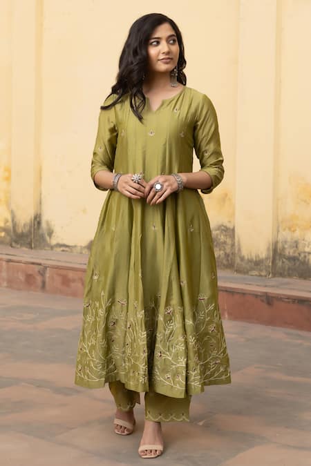 Buy_ASRUMO_Green Organza, Chanderi Embroidery, Zari Round Neck Gul Jaal Anarkali Pant Set _Online_at_Aza_Fashions