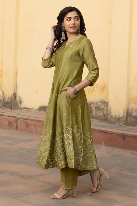 Shop_ASRUMO_Green Organza, Chanderi Embroidery, Zari Round Neck Gul Jaal Anarkali Pant Set _Online_at_Aza_Fashions