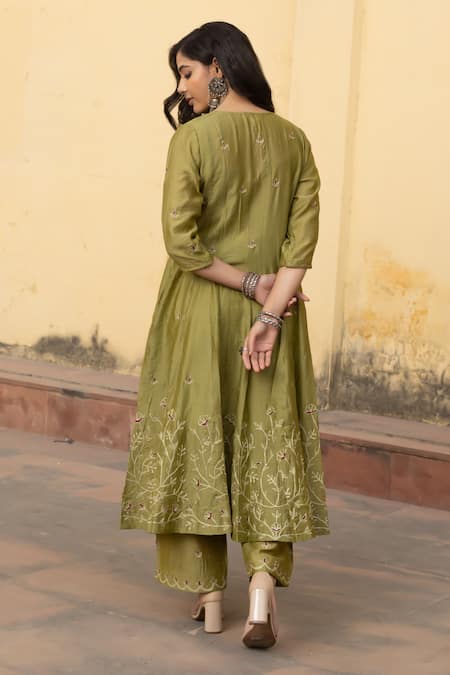 ASRUMO_Green Organza, Chanderi Embroidery, Zari Round Neck Gul Jaal Anarkali Pant Set _at_Aza_Fashions