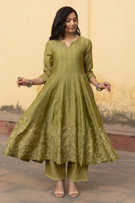 Buy_ASRUMO_Green Organza, Chanderi Embroidery, Zari Round Neck Gul Jaal Anarkali Pant Set 