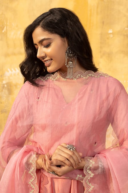 ASRUMO_Pink Organza, Chanderi Zari, Embroidery Round Neck Gullista Jaal Anarkali Set _Online_at_Aza_Fashions