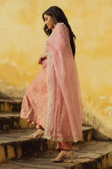 Buy_ASRUMO_Pink Organza, Chanderi Zari, Embroidery Round Neck Gullista Jaal Anarkali Set _Online_at_Aza_Fashions