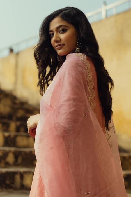 Shop_ASRUMO_Pink Organza, Chanderi Zari, Embroidery Round Neck Gullista Jaal Anarkali Set _Online_at_Aza_Fashions