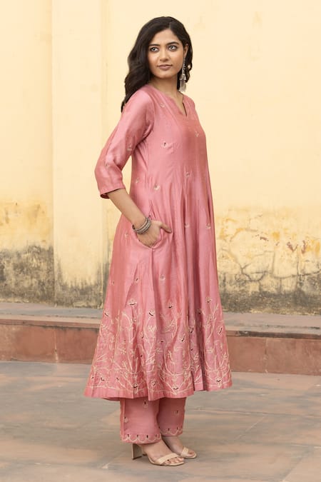 ASRUMO_Pink Organza, Chanderi Zari, Embroidery Round Neck Gullista Jaal Anarkali Set _at_Aza_Fashions