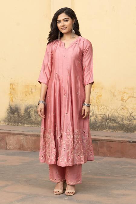 Buy_ASRUMO_Pink Organza, Chanderi Zari, Embroidery Round Neck Gullista Jaal Anarkali Set 