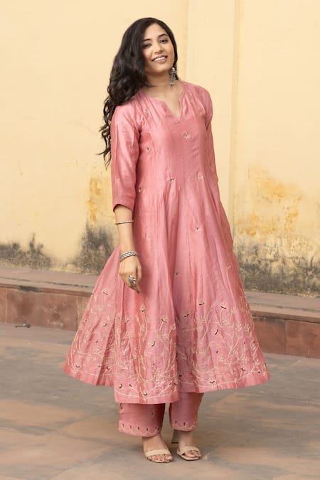 Shop_ASRUMO_Pink Organza, Chanderi Zari, Embroidery Round Neck Gullista Jaal Anarkali Set 