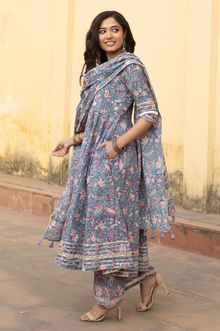 ASRUMO_Blue Organza, Chanderi Gota Patti Gardenia Handblock Print Anarkali Set_at_Aza_Fashions