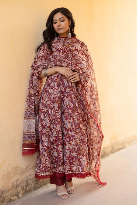 ASRUMO Floral Print Kota Doriya Anarkali Pant Set 