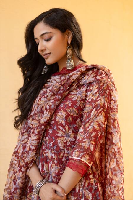 ASRUMO_Red Denim Embroidery, Lace Round Neck Floral Print Anarkali Pant Set_Online_at_Aza_Fashions