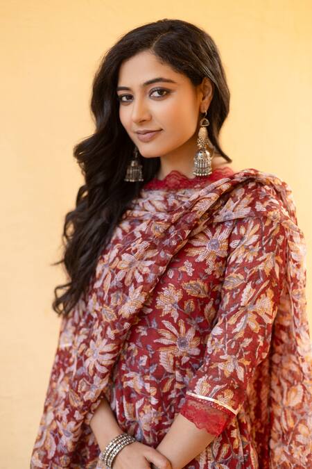 Buy_ASRUMO_Red Denim Embroidery, Lace Round Neck Floral Print Anarkali Pant Set_Online_at_Aza_Fashions