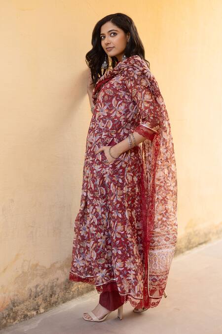 Shop_ASRUMO_Red Denim Embroidery, Lace Round Neck Floral Print Anarkali Pant Set_Online_at_Aza_Fashions