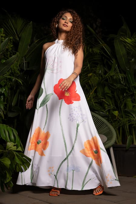 Sonam Parmar Jhawar White Lucrose Printed Floral Halter Maxi Dress Online at Aza Fashions Sonam Parmar Jhawar_White Lucrose Printed Floral Halter Maxi Dress_Online_at_Aza_Fashions