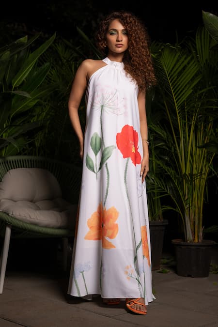 Buy Sonam Parmar Jhawar White Lucrose Printed Floral Halter Maxi Dress Online at Aza Fashions Buy_Sonam Parmar Jhawar_White Lucrose Printed Floral Halter Maxi Dress_Online_at_Aza_Fashions