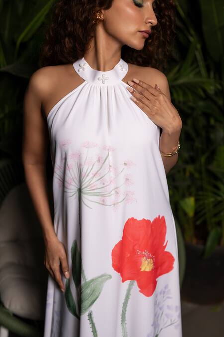 Shop Sonam Parmar Jhawar White Lucrose Printed Floral Halter Maxi Dress Online at Aza Fashions Shop_Sonam Parmar Jhawar_White Lucrose Printed Floral Halter Maxi Dress_Online_at_Aza_Fashions