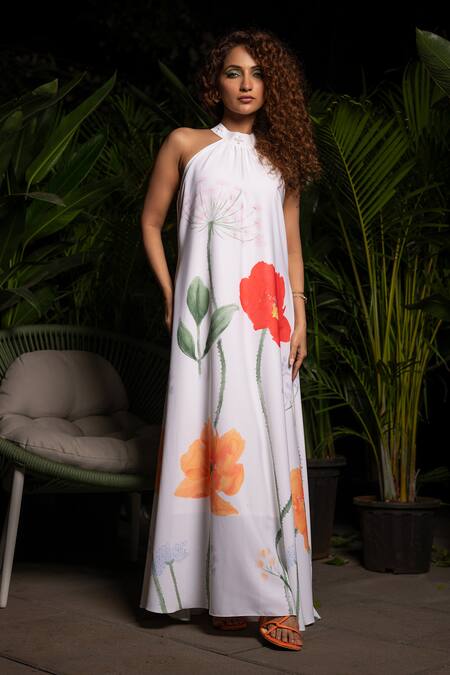 Shop Sonam Parmar Jhawar White Lucrose Printed Floral Halter Maxi Dress at Aza Fashions Shop_Sonam Parmar Jhawar_White Lucrose Printed Floral Halter Maxi Dress_at_Aza_Fashions