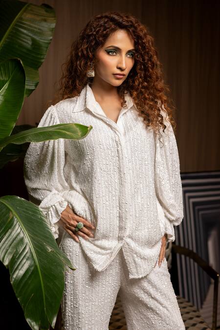 Shop Sonam Parmar Jhawar White Soft Embroidered Collared Embellished Shirt And Pant Set Online at Aza Fashions Shop_Sonam Parmar Jhawar_White Soft Embroidered Collared Embellished Shirt And Pant Set _Online_at_Aza_Fashions