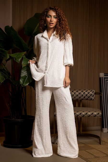 Sonam Parmar Jhawar White Sequin Embellished Shirt & Pant Set 