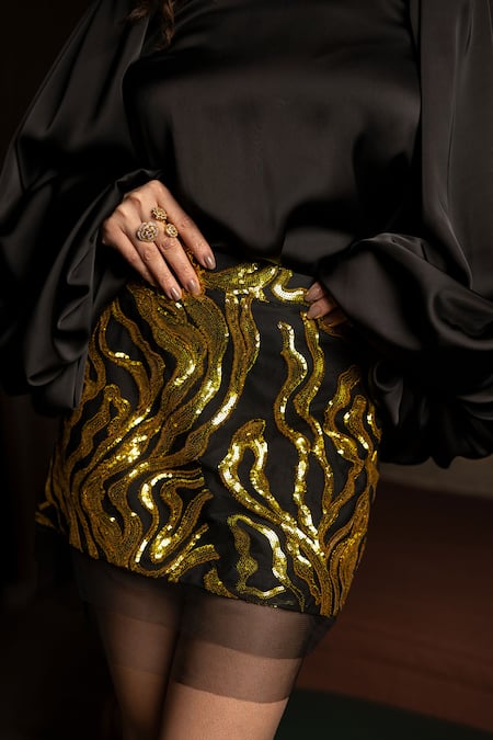 Shop Sonam Parmar Jhawar Black Satin Embellished Round Top And Golden Skirt Set Online at Aza Fashions Shop_Sonam Parmar Jhawar_Black Satin Embellished Round Top And Golden Skirt Set_Online_at_Aza_Fashions