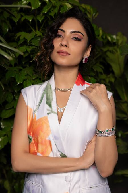 Sonam Parmar Jhawar_White Crepe, Satin Floral Print Blazer And Pant Set_at_Aza_Fashions