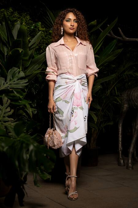 Shop Sonam Parmar Jhawar Pink Crepe Sequins, Embroidery Collared Top And Draped Skirt Set Online at Aza Fashions Shop_Sonam Parmar Jhawar_Pink Crepe Sequins, Embroidery Collared Top And Draped Skirt Set_Online_at_Aza_Fashions