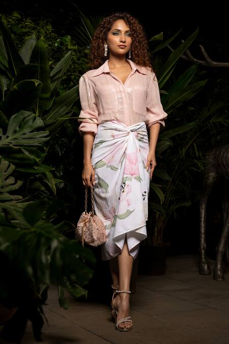 Shop Sonam Parmar Jhawar Pink Crepe Sequins, Embroidery Collared Top And Draped Skirt Set at Aza Fashions Shop_Sonam Parmar Jhawar_Pink Crepe Sequins, Embroidery Collared Top And Draped Skirt Set_at_Aza_Fashions