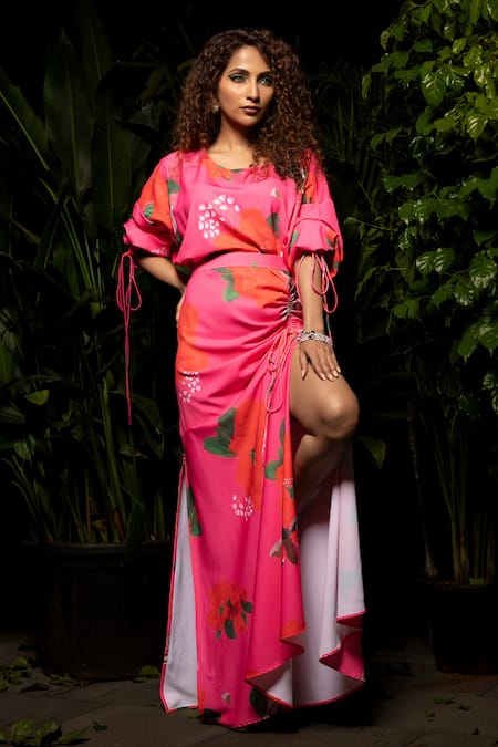 Shop Sonam Parmar Jhawar Pink Crepe Blend Printed Floral Round Maxi Dress With Belt at Aza Fashions Shop_Sonam Parmar Jhawar_Pink Crepe Blend Printed Floral Round Maxi Dress With Belt_at_Aza_Fashions