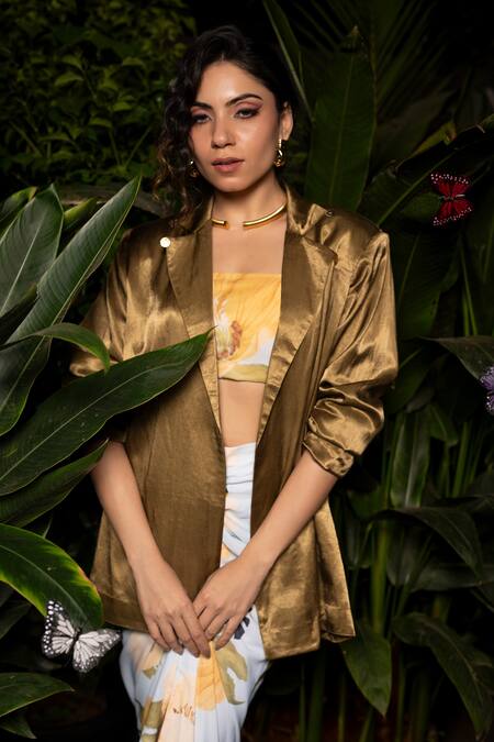 Buy Sonam Parmar Jhawar Gold Cotton, Silk Round Neck Olive Blazer And Floral Print Skirt Set Online at Aza Fashions Buy_Sonam Parmar Jhawar_Gold Cotton, Silk Round Neck Olive Blazer And Floral Print Skirt Set_Online_at_Aza_Fashions