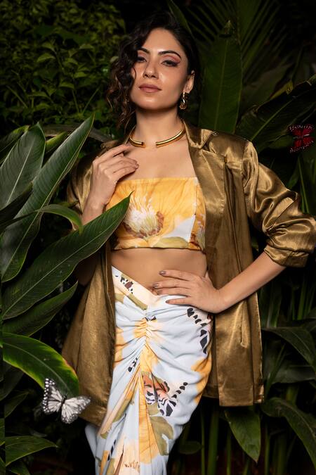 Shop Sonam Parmar Jhawar Gold Cotton, Silk Round Neck Olive Blazer And Floral Print Skirt Set Online at Aza Fashions Shop_Sonam Parmar Jhawar_Gold Cotton, Silk Round Neck Olive Blazer And Floral Print Skirt Set_Online_at_Aza_Fashions