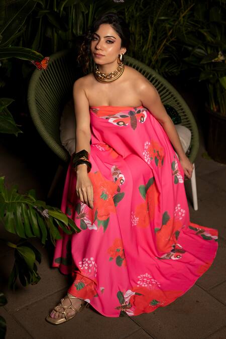 Buy Sonam Parmar Jhawar Pink Lucrose Printed Floral Straight Tube Maxi Dress Online at Aza Fashions Buy_Sonam Parmar Jhawar_Pink Lucrose Printed Floral Straight Tube Maxi Dress_Online_at_Aza_Fashions