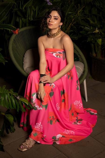 Shop Sonam Parmar Jhawar Pink Lucrose Printed Floral Straight Tube Maxi Dress Online at Aza Fashions Shop_Sonam Parmar Jhawar_Pink Lucrose Printed Floral Straight Tube Maxi Dress_Online_at_Aza_Fashions