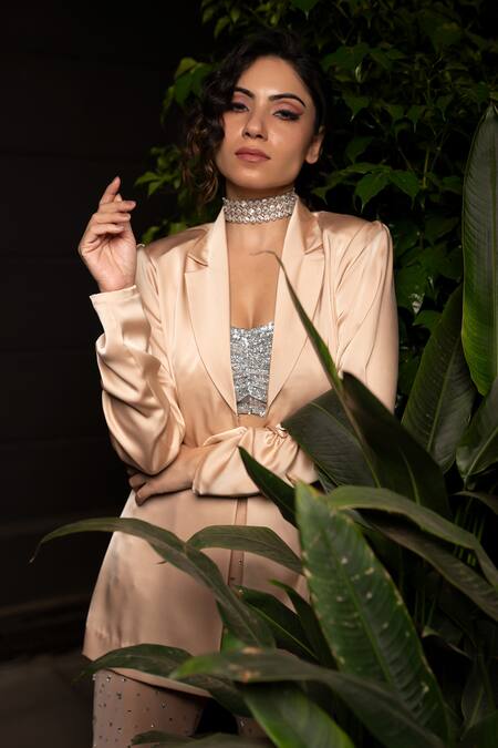 Shop Sonam Parmar Jhawar Beige Satin, Net Sequins Blazer And Pant Set Online at Aza Fashions Shop_Sonam Parmar Jhawar_Beige Satin, Net Sequins Blazer And Pant Set_Online_at_Aza_Fashions